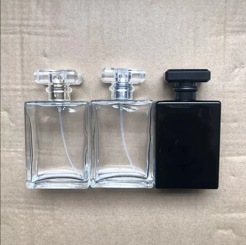 Nowy typ 100 ml kwadratowe puste butelki opakowania przezroczystą czarną butelkę z perfumami olejku eterycznym z cienką mgłą sprayem do aromaterapii kosmetyki