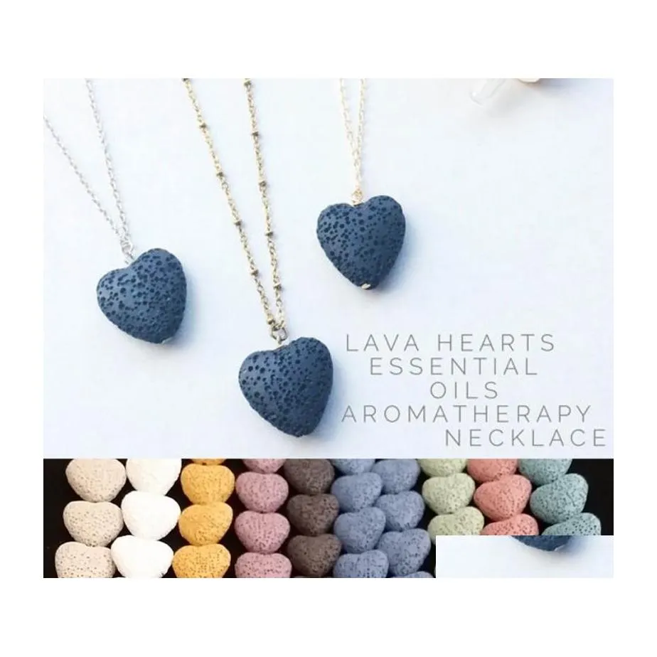 Pendant Necklaces Heart Lavarock Bead Long Volcano Necklace Aromatherapy Essential Oil Diffuser Necklaces Black Lava Pendant Jewelry Dhsfj