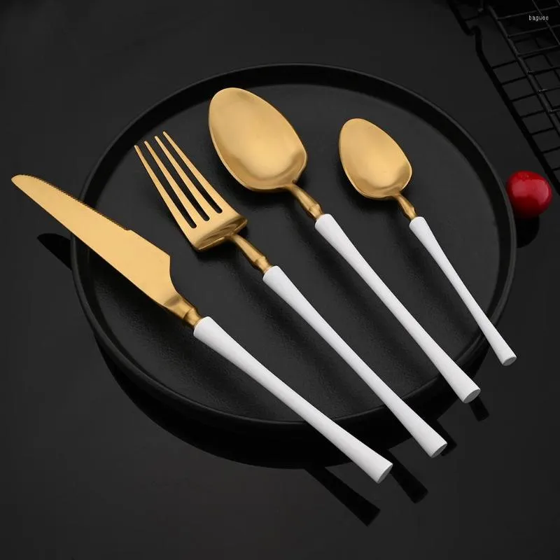 Flatware Sets 24Pcs/Set White Gold Matte Stainless Steel Kitchen Silverware Dinnerware Cutlery Set Knife Fork Spoon Tableware