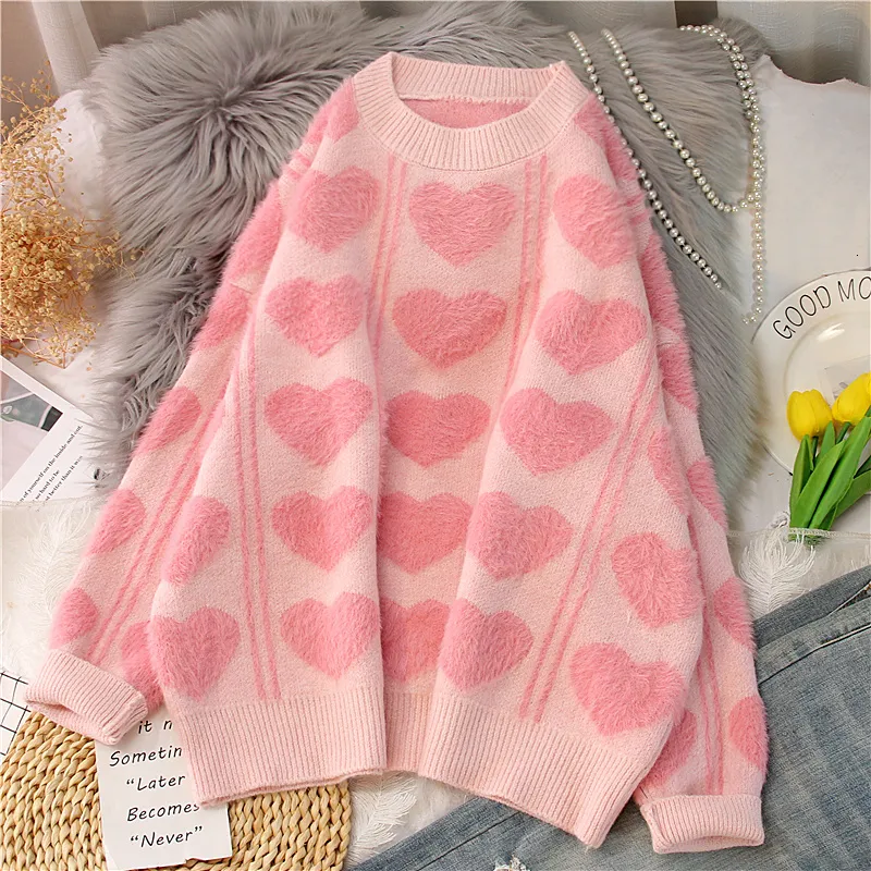 Women s Sweaters Pink Sweater Women Autumn Winter Oversized Pullover Faux Mink Cashmere Loose Sweet Heart Print Top A0240 221206