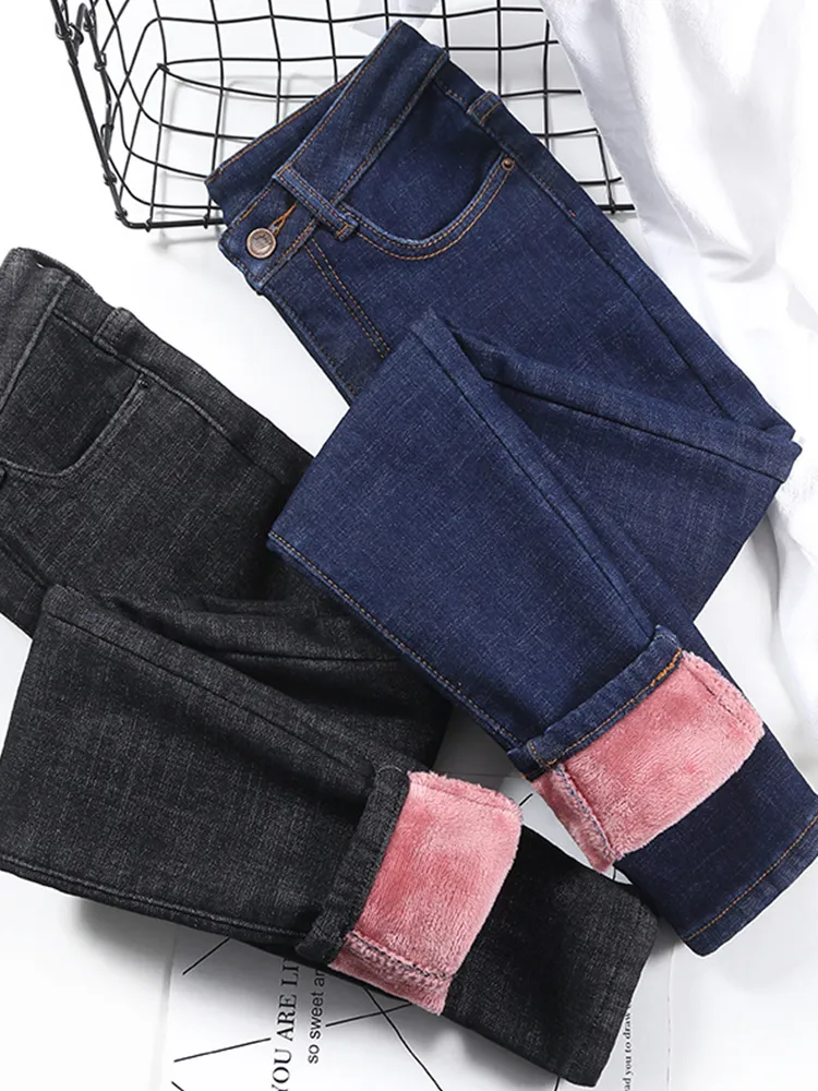 Женские джинсы мода растягивание с высокой талией брюки для карандашного качества. Случайное бархатное качество женского качества толстые женщины 221206