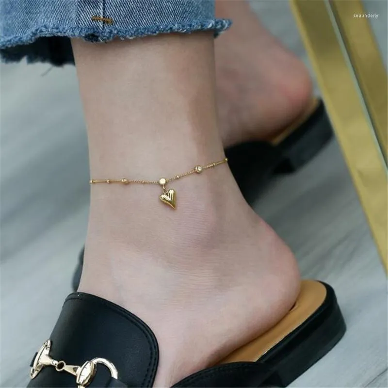 Anklets Boho Gold Color Plated Titanium Steel Bohemia Crystal Heart Chain For Women Beach Barefoot Sandals Bracelet Ankle