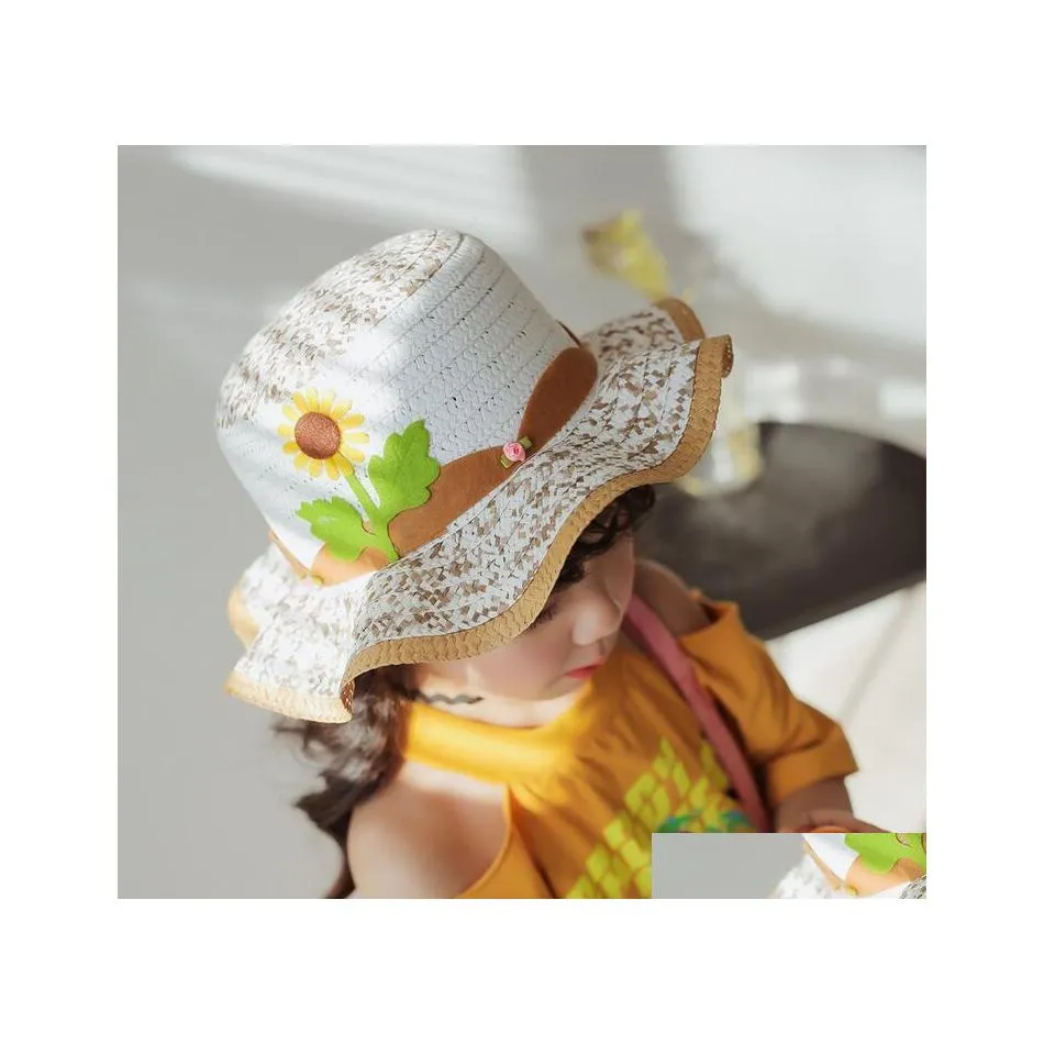 Stingy Brim Hats 6 Color Nice Breathable Children St Hat With Cartoon Sunflower Creative Baby Hats Girls Bucket Kids Beach Wavy Edge Dhwvc