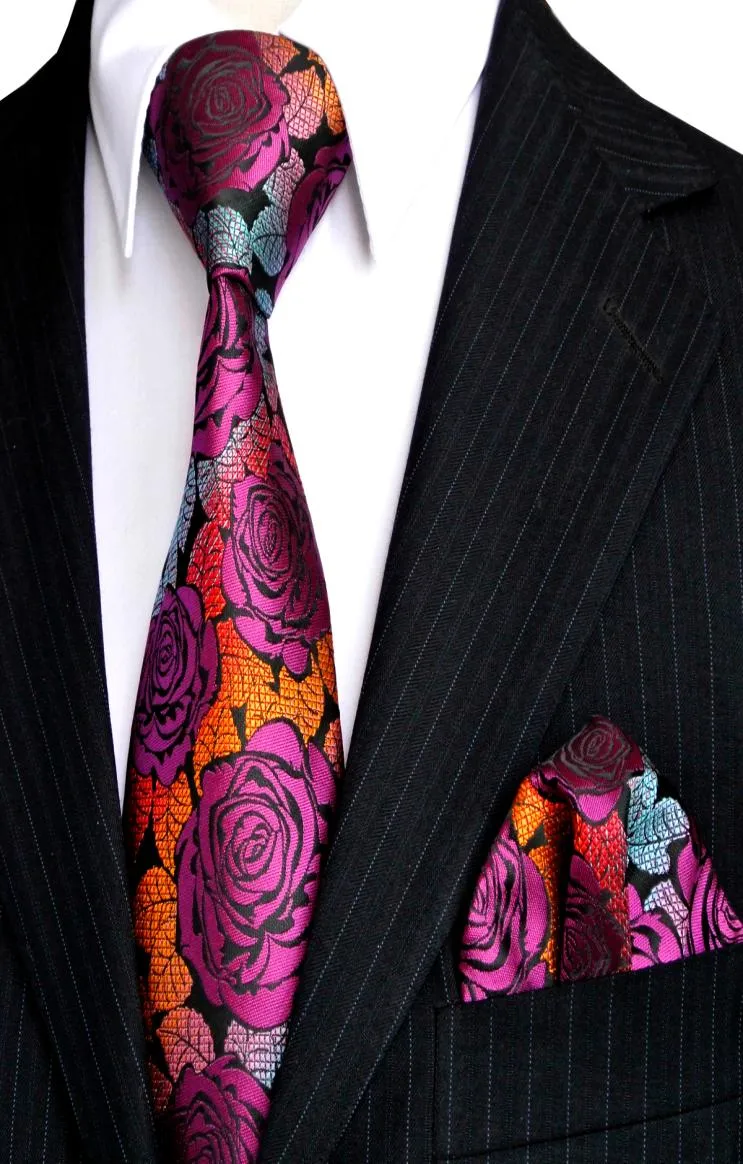 E12 Men039s Tie Sets Rose Multicolor Fuchsia Red Yellow Blue Floral Neckties Pocket Square 100 Silk New Whole7954369