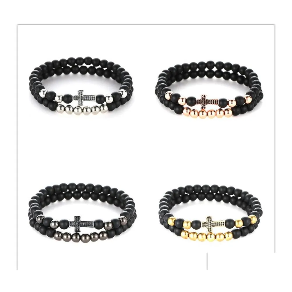 Bärade 4 färger 2 st/set naturlig sten svart 6mm pärlor armband kvinnor mikro pave cz cross charms armband set manliga tillbehör jude dhgnw