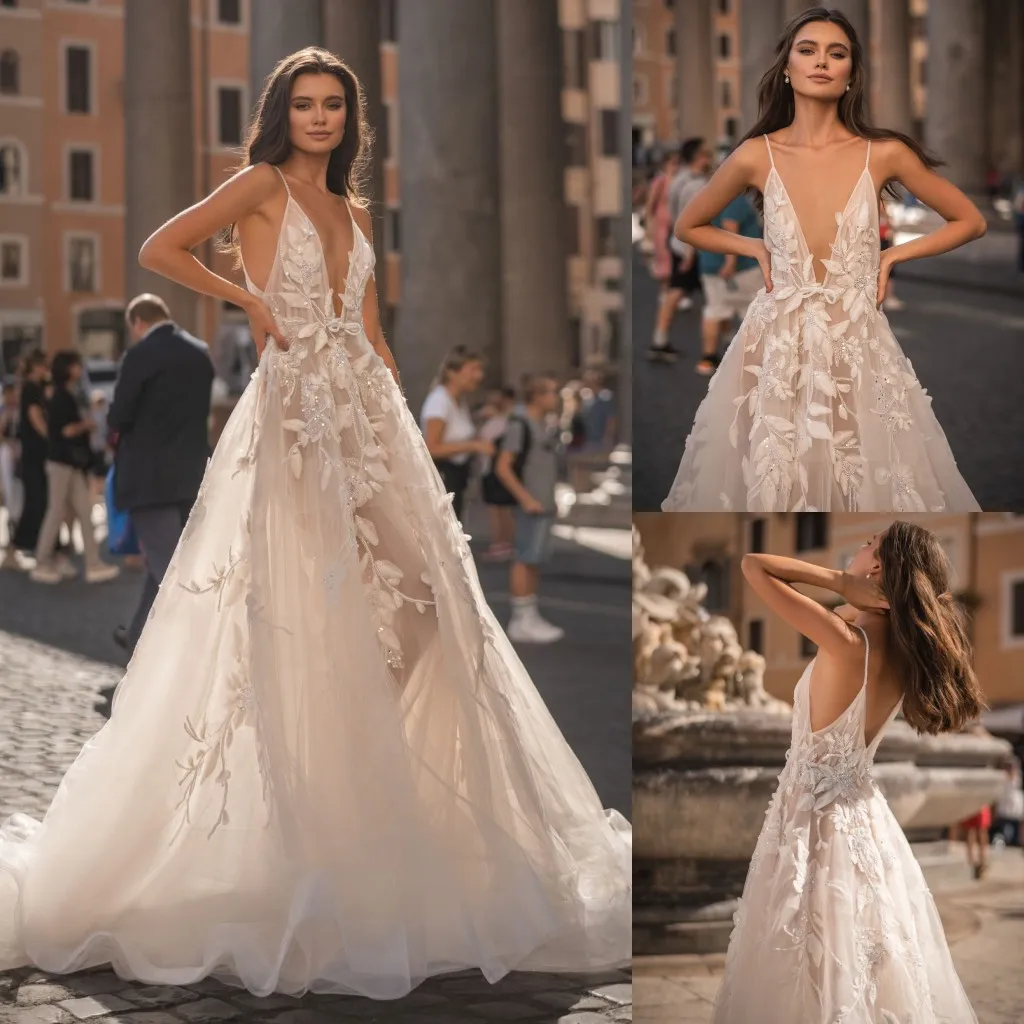 Vestidos de noiva sem costas da Berta Biço de noiva com miçangas de lantejoulas de lacta de decote de decote de decote de decote de decote de decote Aplique um trem de varredura de linha Vestido de Novia