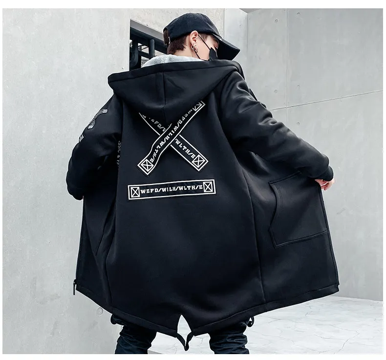 Japanese Printed Mens Fleece Hooded Long Winter Trench Coat