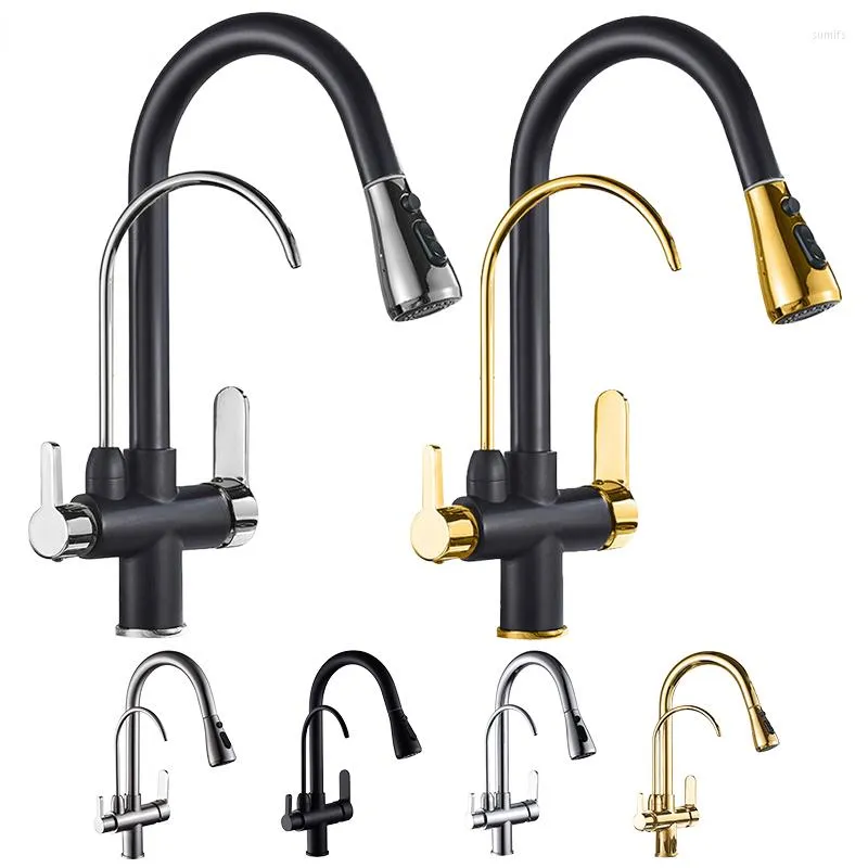 Robinets de cuisine montés noir, robinet avec filtre à eau froide extractible pour robinet mitigeur d'évier à trois voies ELK9139