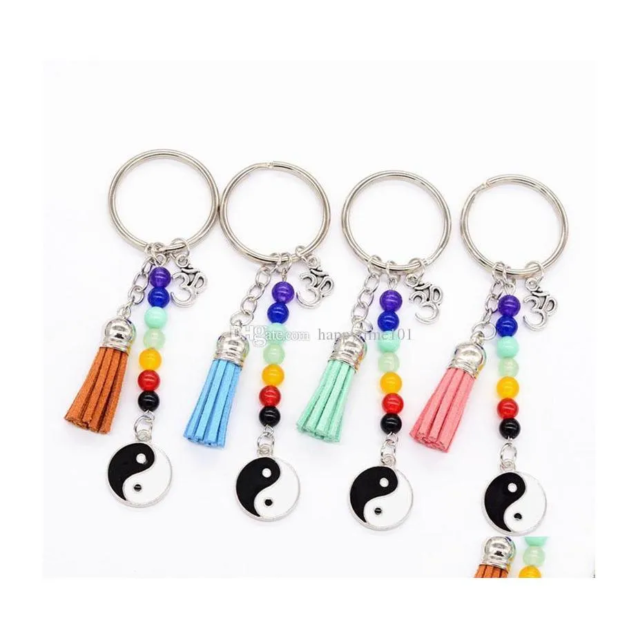 Keychains Lanyards Yoga Yinyang 7 Chakra Bead Keychain Key Rings ge￯nspireerde mode -sieraden voor vrouwen cadeau drop levering accessoires Dhdeh