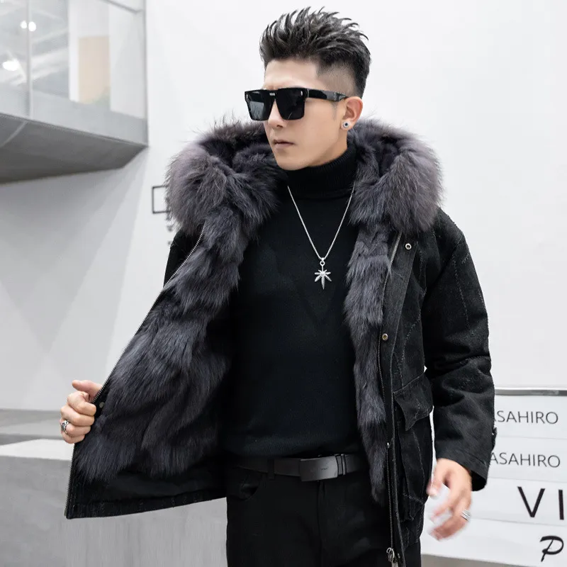Real Fur Jackets Mens Fur Parkas Winter Denim Coat and Jacket Hoodies Warm Thick Outerwear Streetwear Windproof Topps Stor storlek XXXXL