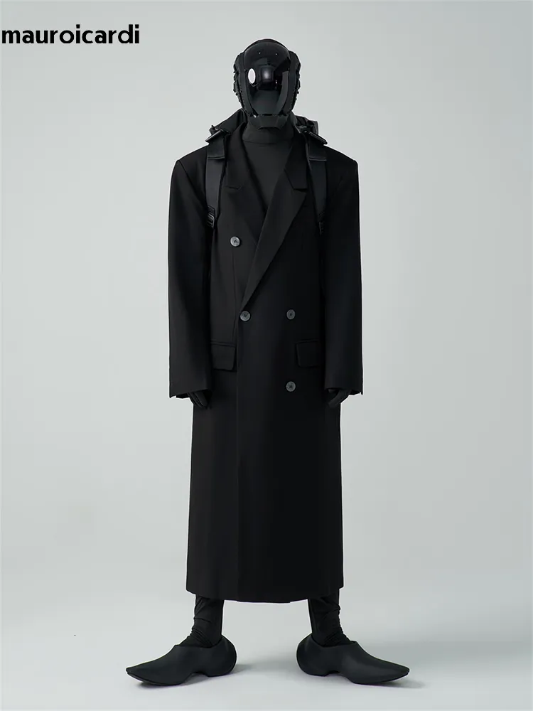 Men's Wool Blends Mauroicardi Autumn Winter Long Loose Luxury Warm Soft Black Woolen Trench Coat Men Double Breasted Cool European Overcoat 221206