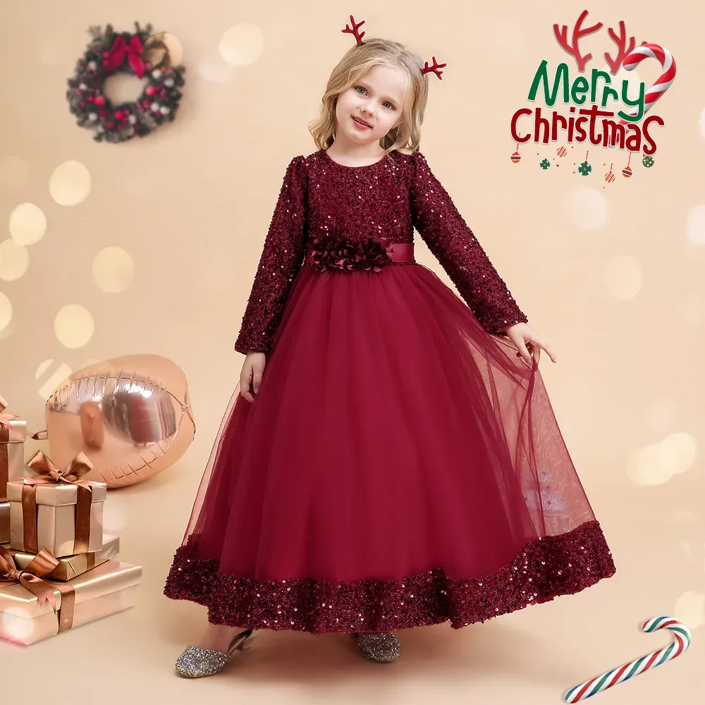 Świąteczna sukienka dla dziewczyn zielone cekiny księżniczki Długie rękawe sukienki Dzieci Bownot Tutu Ball Suknie