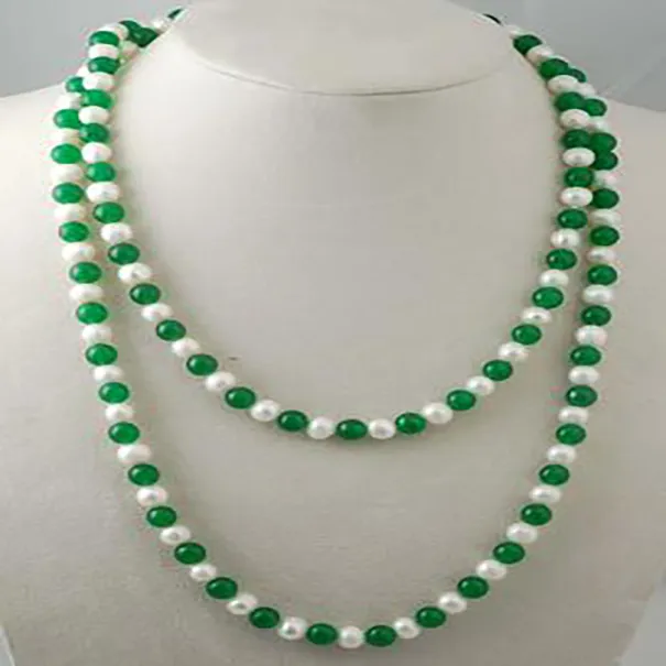 Fashion Jewelry freshwater pearl and green jade round 8mm necklace 45inch