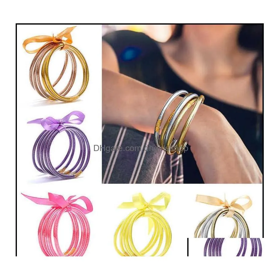 뱅글 뱅글 팔찌 쥬얼리 모든 날씨 반짝이 채워진 스타 더스트 Sile Circle 여성 Bowknot Jelly Bangles 팔찌 Femme 5 개/대 Otdgx