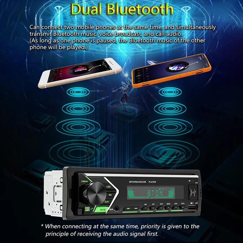 Auto-Bluetooth-Stereo-MP3-Player, Einzel-Din-Freisprecheinrichtung, USB/Aux-Eingang/FM-Radioempfänger mit bunten Lichtern, 12 V