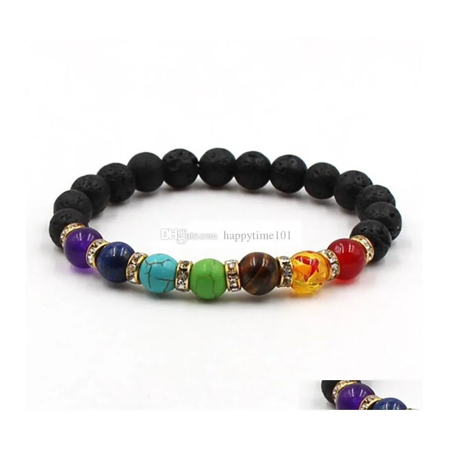 Bracelets de charme Fashion Natural Black Lava Stone 7 Chakra Bracelet 8 mm Turquoise Healing Nce Beads Reiki Bouddha Prayer Yoga Drop Del Dhtyl