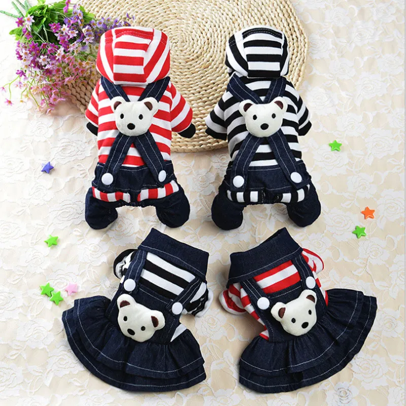 Pet Dog Apparel Puppy Chihuahua Ubranie NOWOŚĆ STRIPE Śliczne Niedźwiedzie Bluzy Mały pies Jean kombinezon kombinezon jesienny zimowy kostium