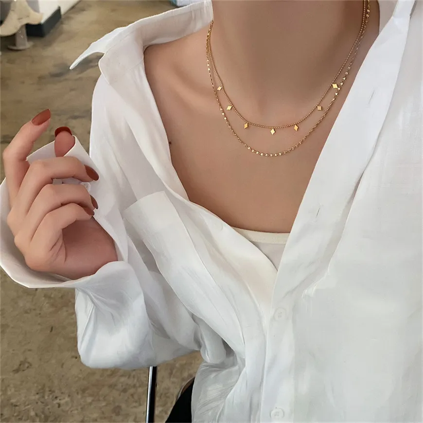 18K vergulde dubbellaagse ketting choker ketting twee strengen choker minimalistische ketting mode luxe design sieraden ruit pailletten gouden ketting cadeaus voor vrouwen