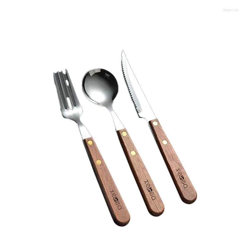 Ensembles de vaisselle vaisselle en bois coffret cadeau ustensiles en acier inoxydable pour cuisine fourchette cuillères Camping cuillère couverts couteau