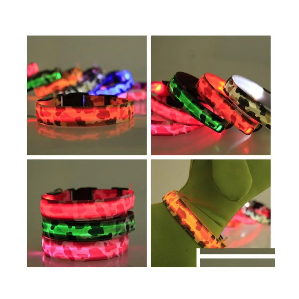 Collares para perros Correas Luminous Pet Chaplet Mti Colors Nylon Camuflaje Collar para perros Ajustable Led Light Up Perros Collares que brillan intensamente en T Dhpwa