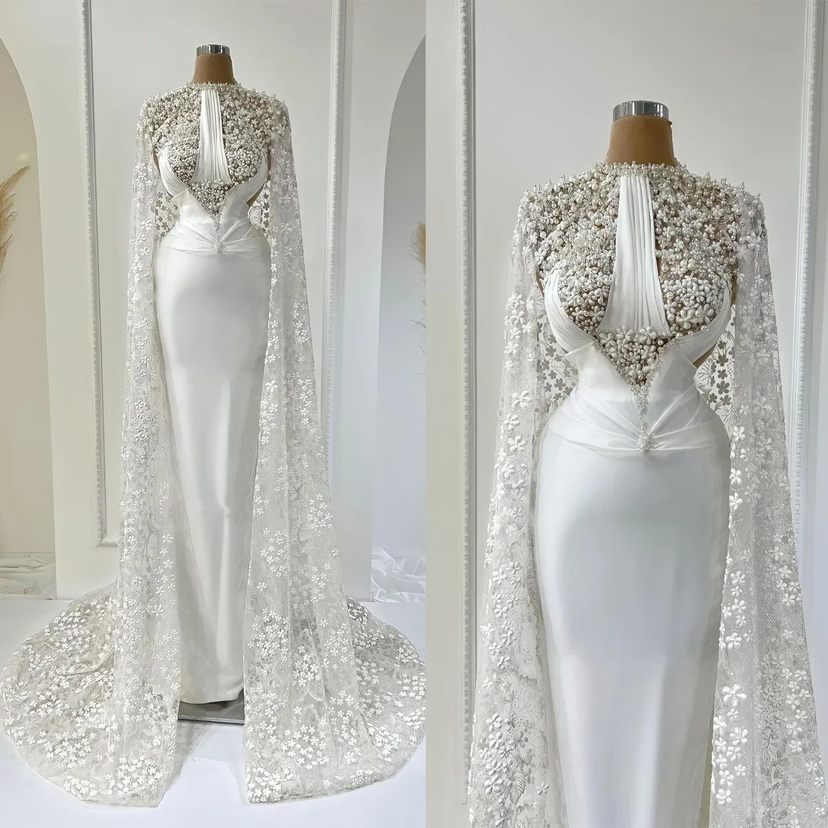 Wunderschöne Meerjungfrau-Brautkleider mit Wraps, Juwelen, Perlen, Perlenapplikationen, Spitze, Brautkleider, maßgeschneidert, Sweep-Zug, Vestidos de Novia