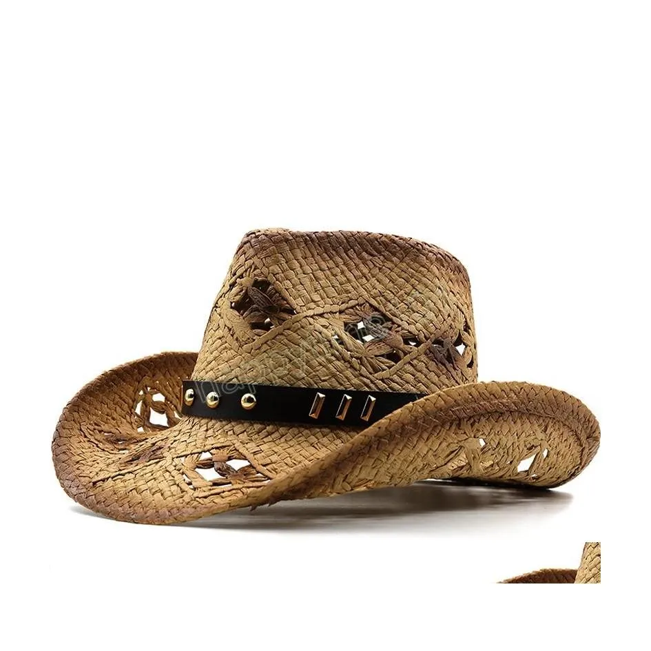 Breda randen hattar hink hattar cowboy panama hatt sommarsol hattar f￶r kvinnor man strand st m￤n uv skydd cap chapeau femme drop deliv dh2pl