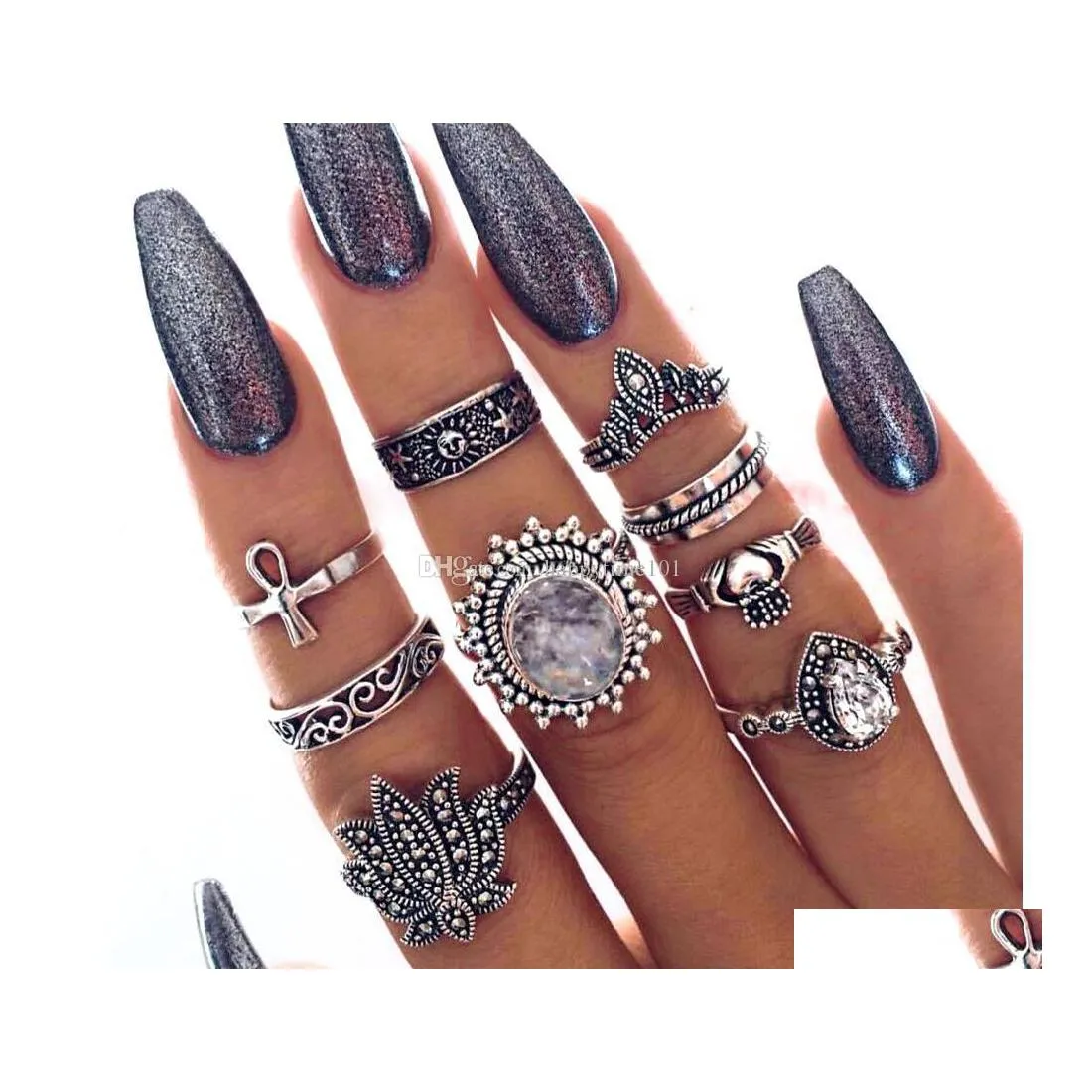 Cluster Rings Vintage Fashion 9Pcs/Set Finger Knuckle Ring Band Boho Retro Midi Rings Exaggeration Stacking Drop Delivery Jewelry Dhsc8