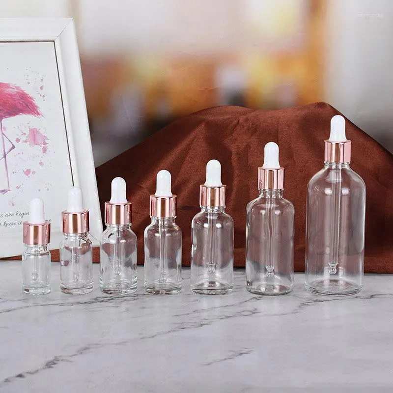Storage Bottles 5-100ML Tubes Transparent Dropper Glass Rose Gold Cover Liquid For Essential Pipette Refillable