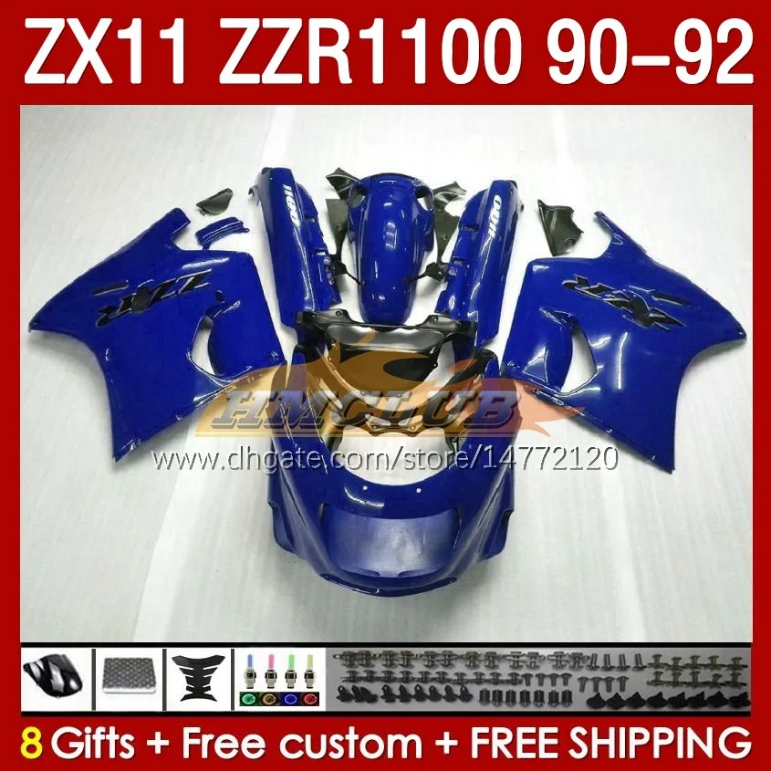 Full Blue Glossy Fairings for Kawasaki Ninja ZX 11 R 11R ZX11 R ZZR1100 ZX11R 90 91 92 BODY 164NO.92 ZZR 1100 CC ZX-11R ZZR-1100 1990 1991 1992 ZX-11 R 90-92 ABS FAIRING KIT KIT