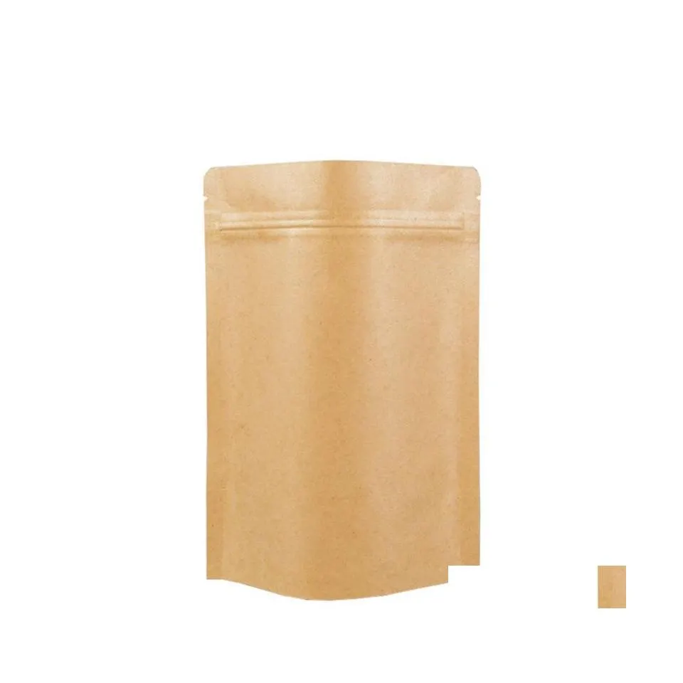 Förpackningspåsar 11 storlekar Brown Kraft Paper Standup Väskor Värmeförsegling Återförslutningsbar Zip Pouch Innerfolie Matlagring Förpackningspåse med T DHIJG