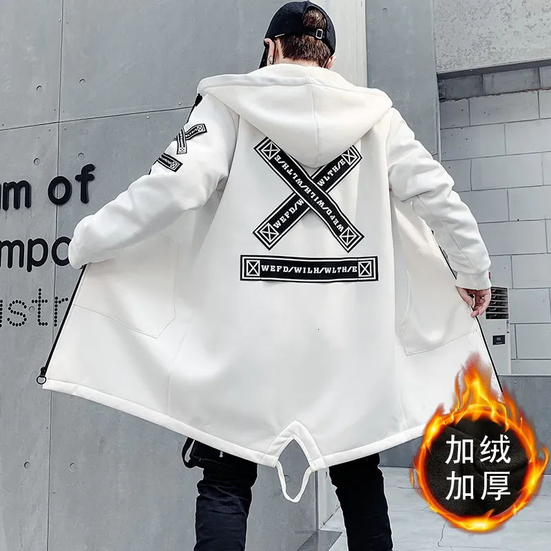 Japanese Printed Mens Fleece Hooded Long Winter Trench Coat