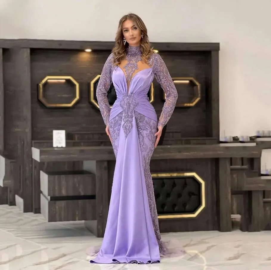 Abiti da sera a sirena color lavanda lilla con maniche lunghe 2023 Collo alto in pizzo lucido con perline Abito da ballo arabo Gillter