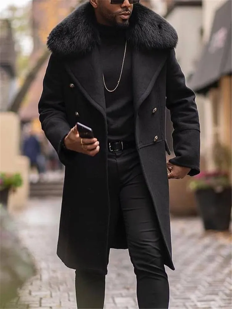 M langes de laine pour hommes Cool homme automne hiver Long manteau col en fausse fourrure d contract affaires Streetwear m lange de laine Trench