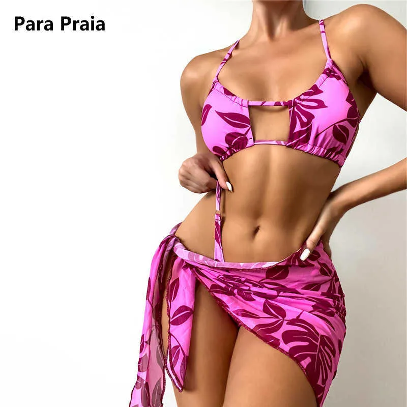 Conjuntos de sujetadores para Praia Imprimir 3 piezas Bandeau Bikini Set 2021 Falda Traje de baño Mujeres Vendaje Cintura alta Traje de baño Mujer Verano Recorte Biquini T221206