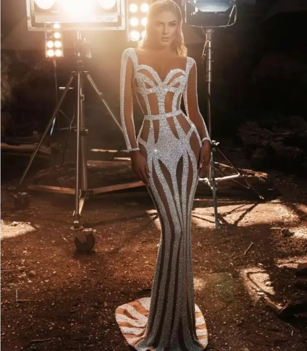 Vestido de noche de tela para mujer Yousef aljasmi Manga larga Sirena Cuentas blancas Labourjoisie Kim kardashian kylie jenner wly935