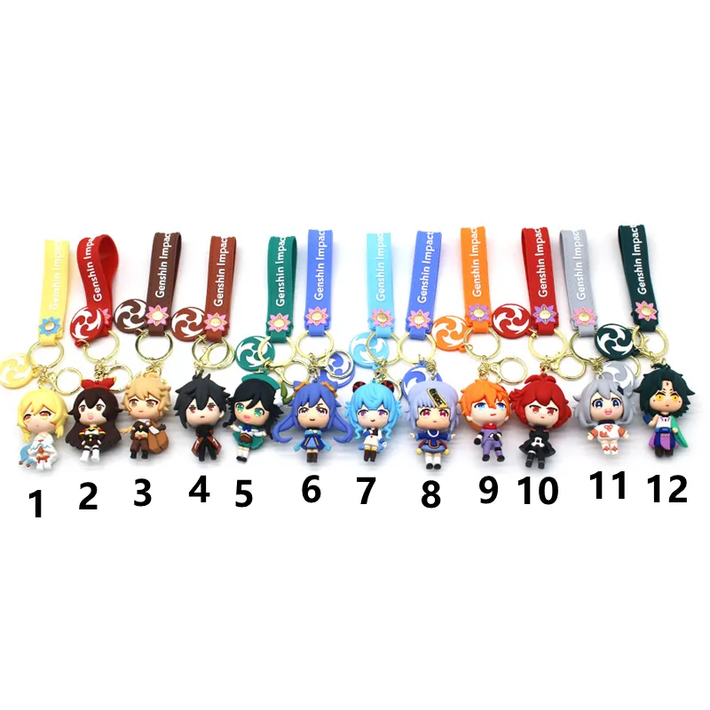 Cartoon Genshin Impact Keychain Charm Q versão 12 Cute Goddess Strap Anime Doll Casal Bag Pingle