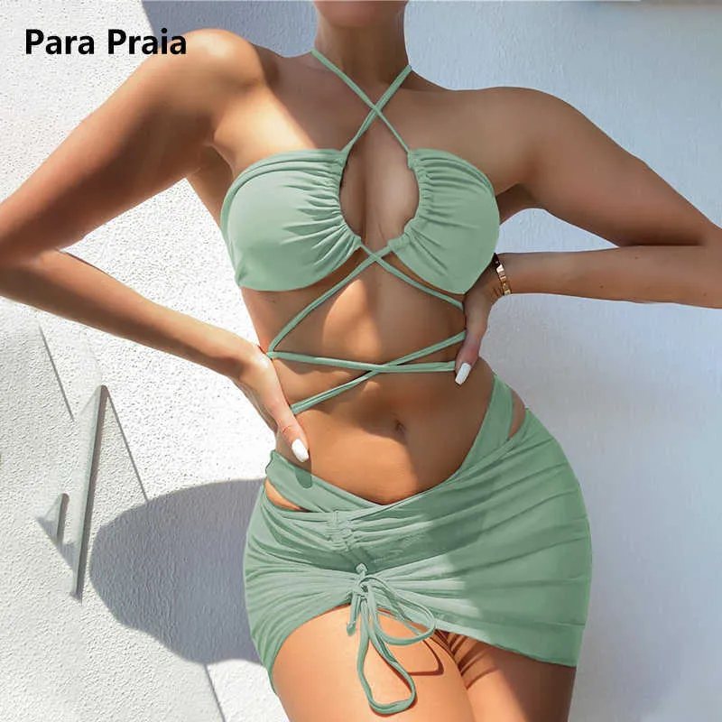 Set di reggiseni Para Praia 3 pezzi Cross Halter Bikini Set 2021 Gonna Costumi da bagno Donna Vita alta Coulisse Fasciatura Costume da bagno estivo Biquini T221206