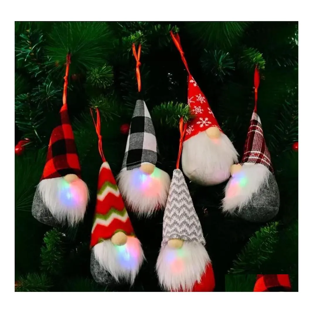 Kerstdecoraties 2023 Kerstdecoraties Colorf Led gebreide pop met Whisker Party Gnomes Hanger Holiday Plaid Snowflower Dhapn