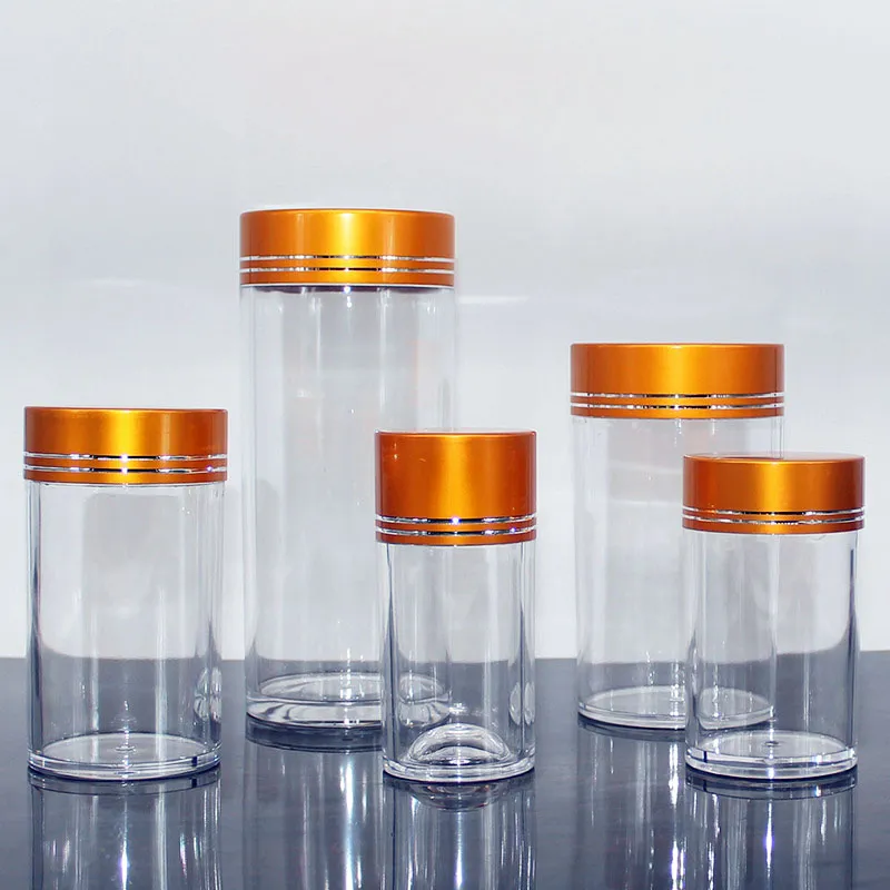 Duidelijke plastic verpakking Jar Acryl Candy Food Can met gouden deksel 60 ml 100 ml medicijnfles voor gezondheidsproducten