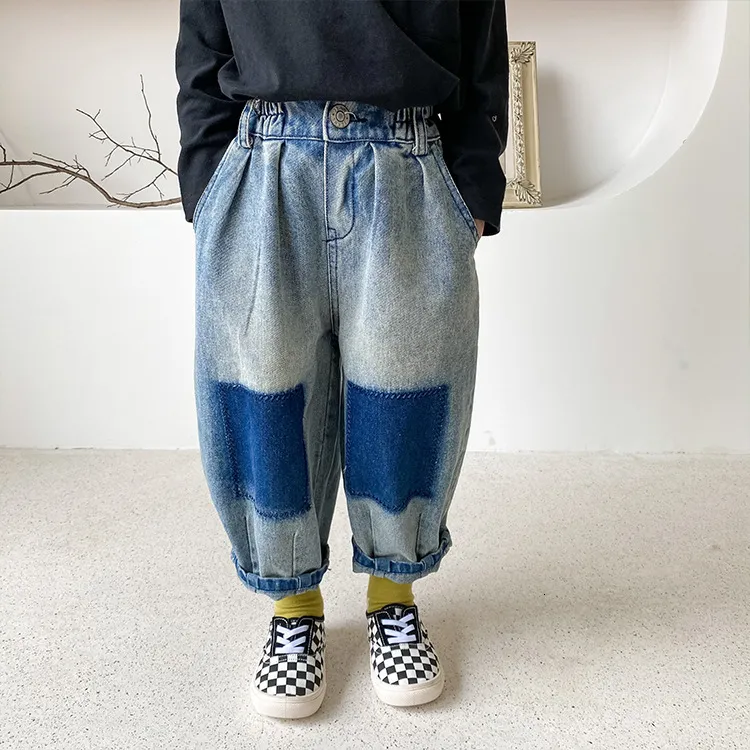 Byxor koreansk stil mode lapptäcke jeans pojkar lösa sand tvätt denim byxor 1 7y 221207