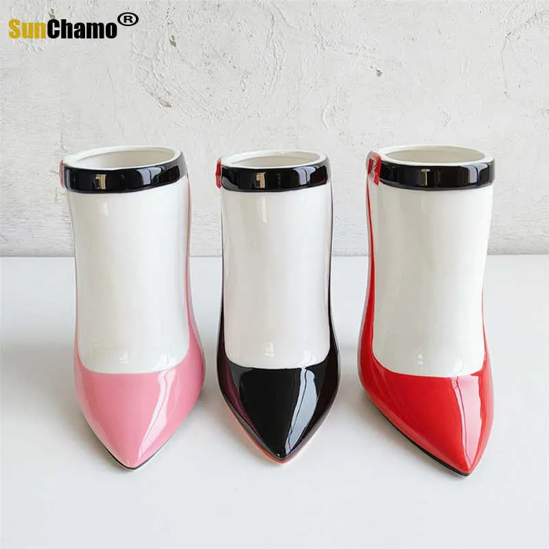 Vaser Keramikvas Kreativ högklackad sko Blomsterarrangemang Rosa flicka Blomdekoration Personlig present T221205