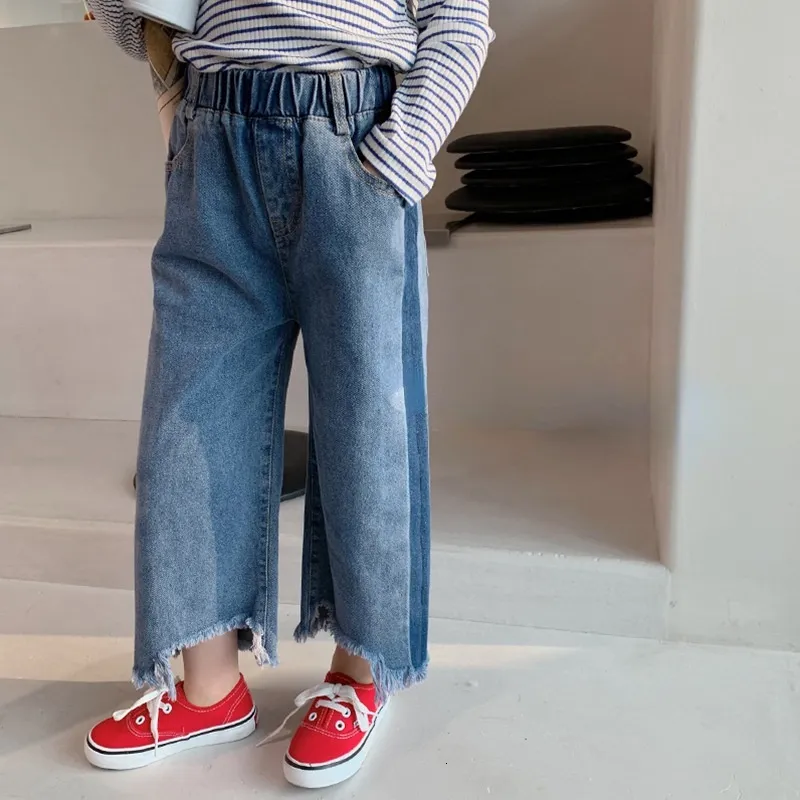 Trousers Autumn Kids color contrast wide leg denim pants Girls loose all match rough selvedge jeans 221207