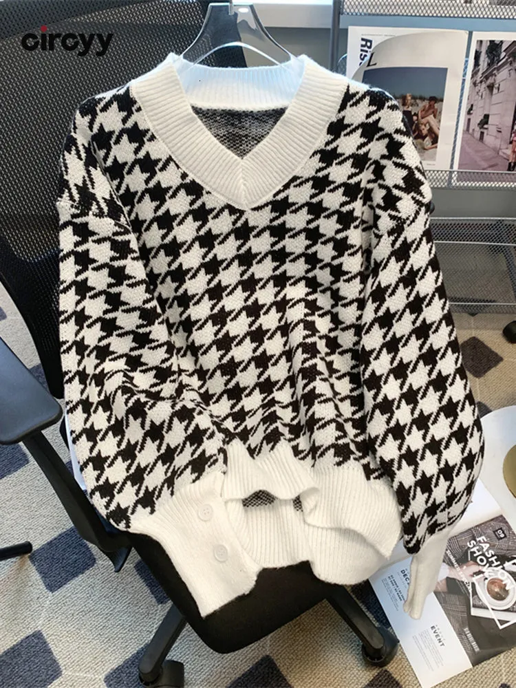 Women s Sweaters Circyy Black Sweater Women Pullovers Houndstooth V Neck Long Sleeve Loose Knitted Jumper Korean Chic Autumn Winter Clothing 221206