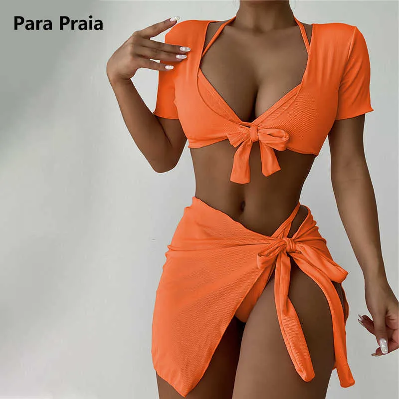 BHs Sets Para Praia 4 Stück Bandage Bikinis Set 2021 Rock Bademode Frauen Hohe Taille Kurzarm Badeanzug Weibliche Sommer Krawatte biquini T221206