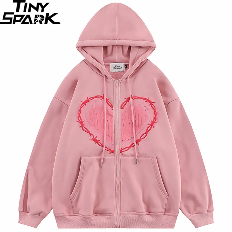 Männer Jacken Hip Hop Streetwear Mit Kapuze Männer Herz Grafik Mantel Herbst Harajuku Baumwolle Zipper Up Hoodie Casual Rosa 221206