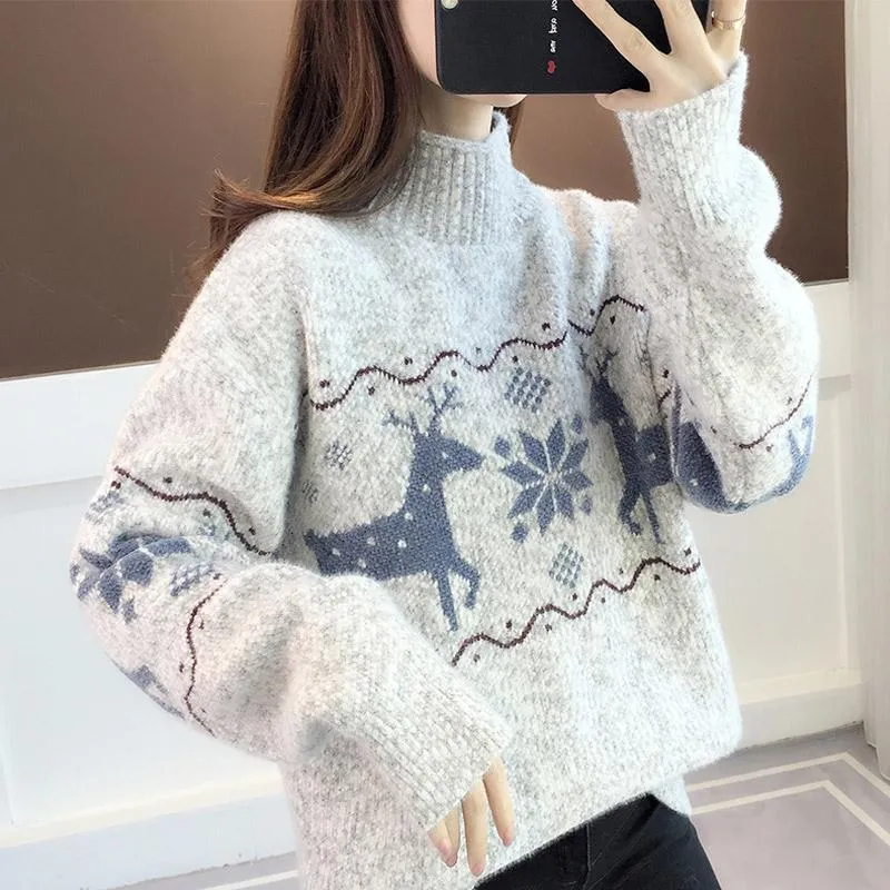 Women s Sweaters Christmas Chenille Mock Neck Dear Print Pullover Long Sleeve Top Knit Cropped Winter Clothes Warm Woman Jumper A0008 221206