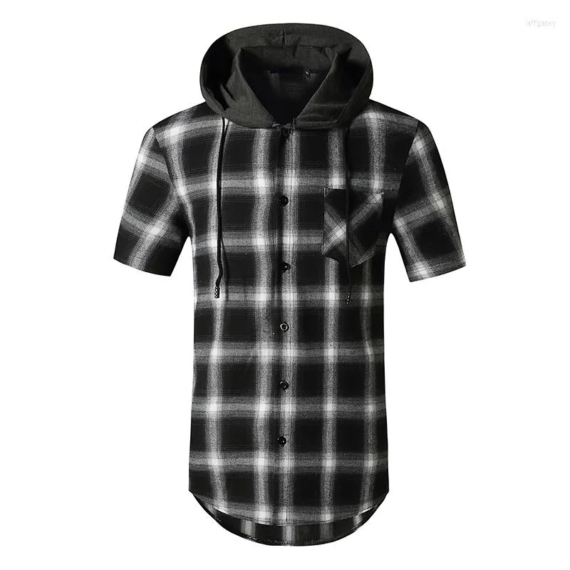 Mannen T Shirts Heren Plaid Extra Lange Hoodie Shirt 2022 Mode Mannen Korte Mouw Hip Hop Streetwear Harajuku Voor chemise Homme