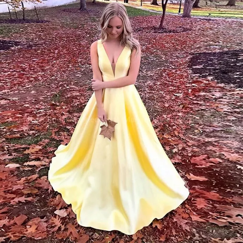 Satin V-Neck Sleeveless Prom Evening Gown with Built-In Bra main image 0