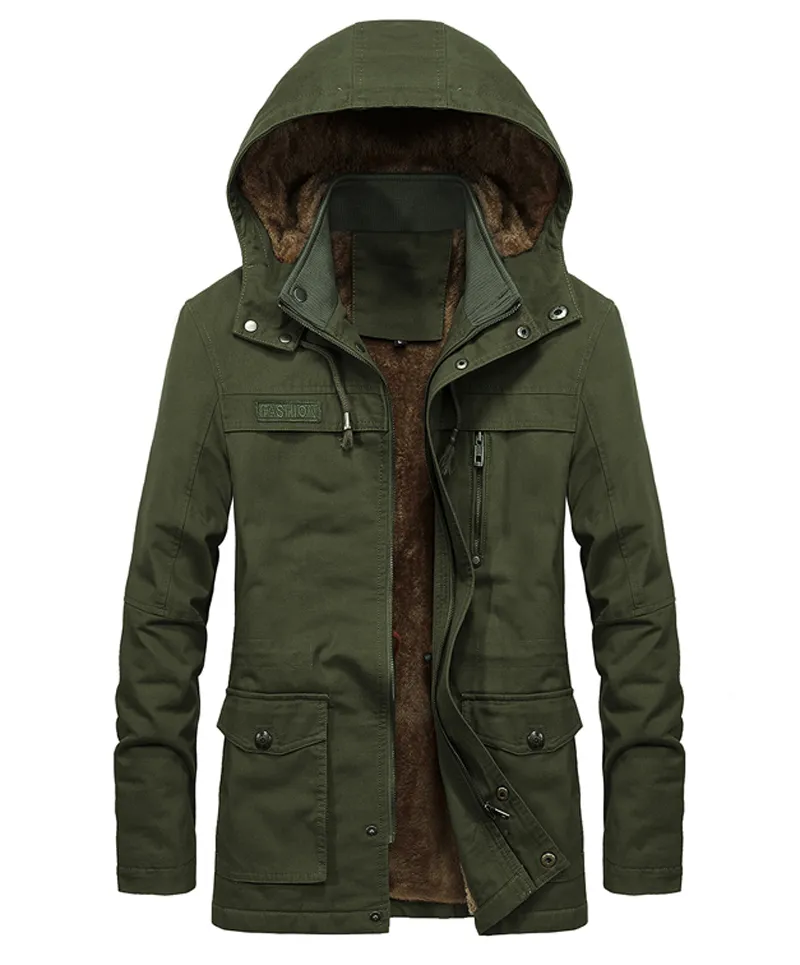 Military Style Mens Thigh Length Parka With Thick Warmth