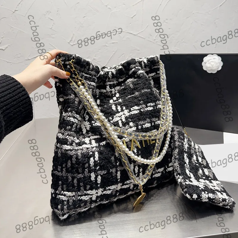 Designer de mulheres francesas Tweed 22 sacos de compras hardware de metal de ouro vintage Matelasse Bolsa de ombro com pérolas Pochet Sacoche Bolsas 28cm
